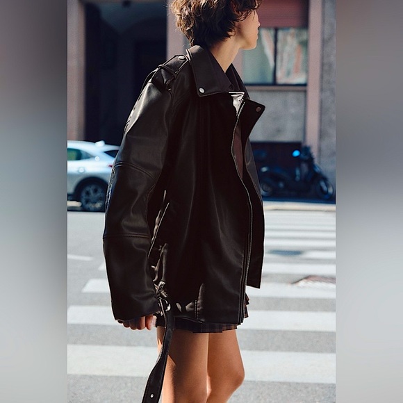 ZARA WASHED FAUX LEATHER OVERSIZED BIKER JACKET - Picture 7 of 14